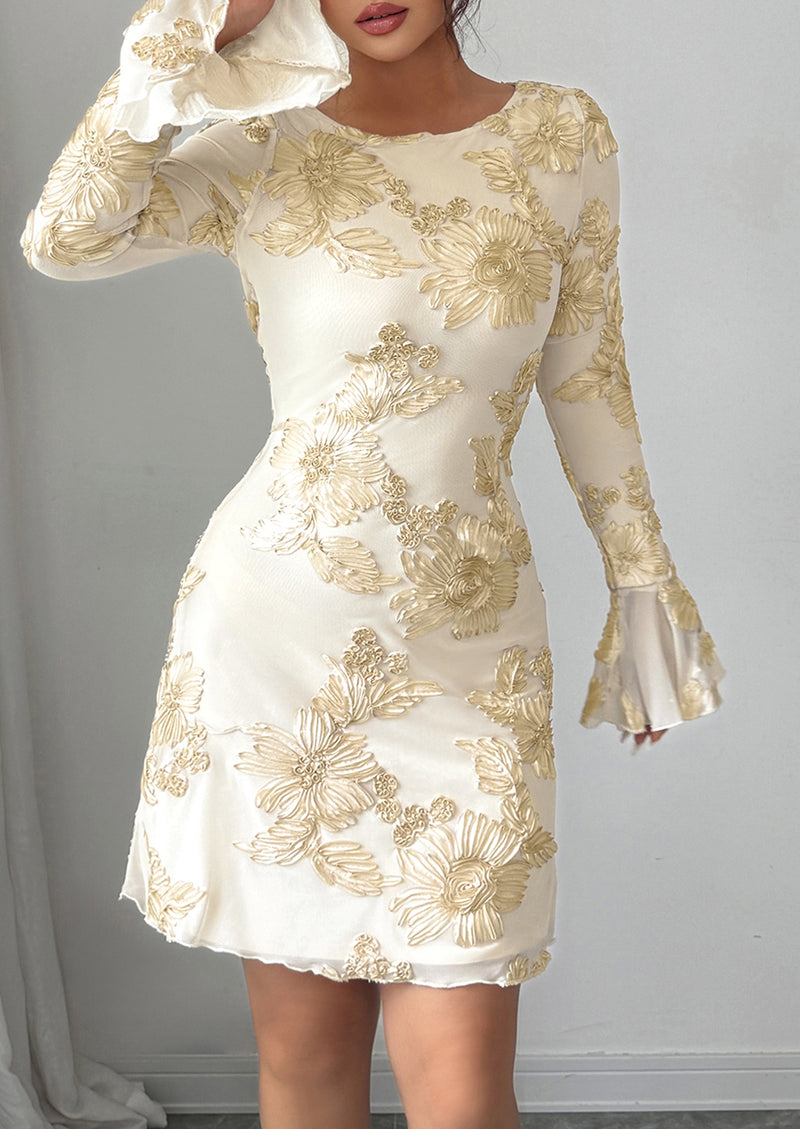 PRETTYGARDEN Women's Floral Embroidered Dress Fall Long Bell Sleeve Ribbon Flower Mini Short Mesh Bodycon Party Dresses