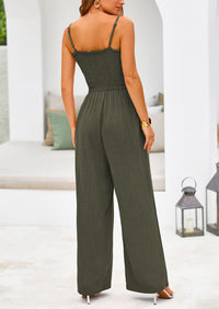 Linen Smocked Spaghetti Strap Pockets Wide Leg Jumpsuits