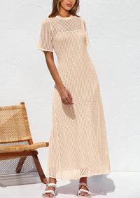Eyelet Beach Vacation Resort Short Sleeve Hollow Out Dress Cover Up Maxi Dresses