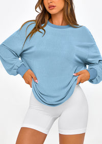Long Sleeve Casual Loose Crew Neck Ribbed Blouse