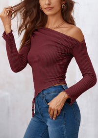 Long Sleeve Y2K Crop Top Off Shoulder Asymmetrical Fitted Knit Blouses