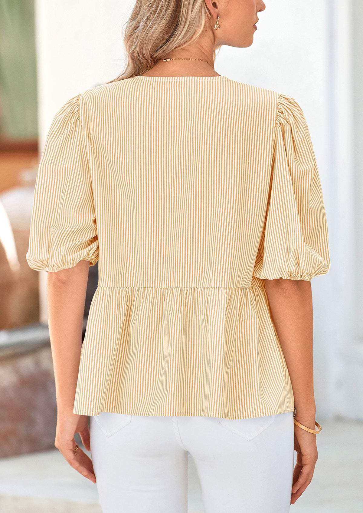 Striped Round Neck Front, Lace Up Bubble Sleeves Tops