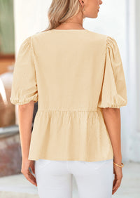 Striped Round Neck Front, Lace Up Bubble Sleeves Tops