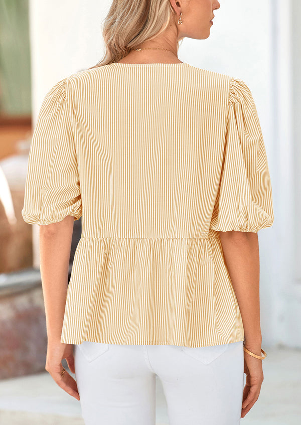 Striped Round Neck Front, Lace Up Bubble Sleeves Tops
