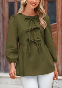 Babydoll Trendy 3/4 Length Puff Sleeve Bow Tie Front Cute Peplum Blouses
