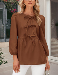 Babydoll Trendy 3/4 Length Puff Sleeve Bow Tie Front Cute Peplum Blouses