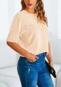 Button Down Casual Short Sleeve Crew Neck Ribbed Knit Shirts