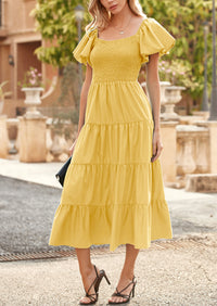 Casual Short Sleeved Square Neck Layered Pleated Dress