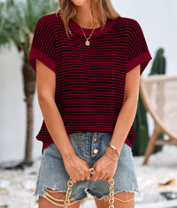 Short Sleeve Round Neck Striped Pullover Cap Sleeve Knit T-shirt
