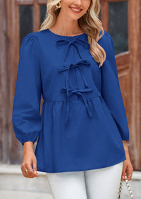 Babydoll Trendy 3/4 Length Puff Sleeve Bow Tie Front Cute Peplum Blouses