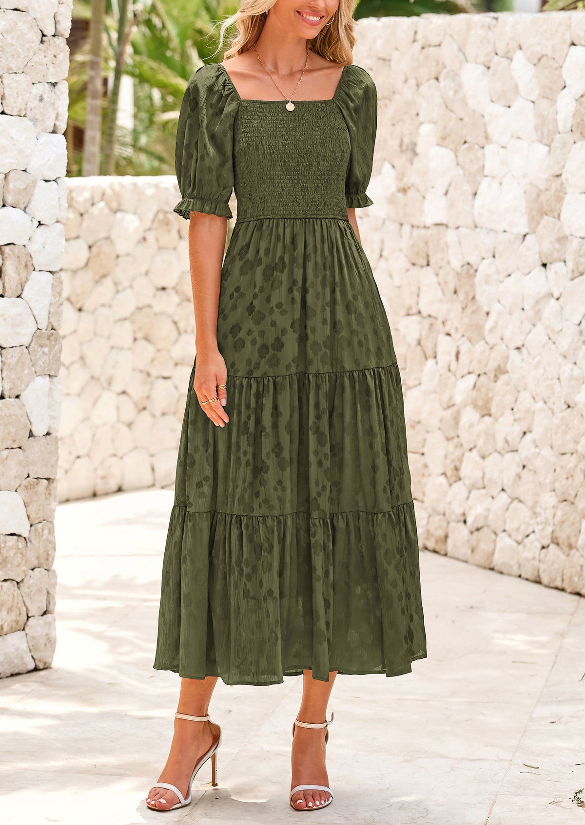 Casual Square Neck Short Sleeve Smocked A Line Floral Flowy Elegant Boho Midi Dresses