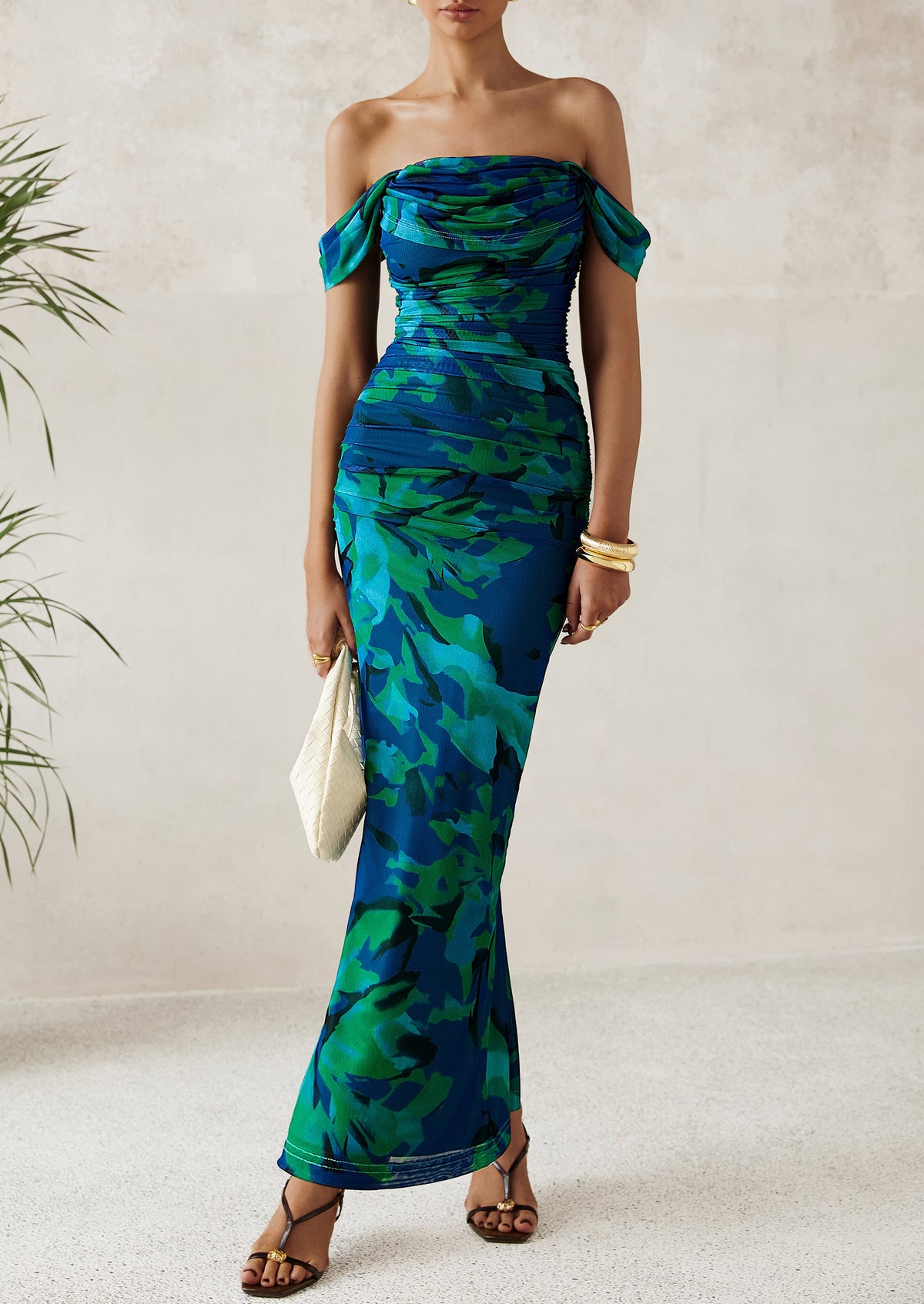 Ruched Bodycon Off Shoulder Floral Mesh Cocktail Party Fitted Maxi Dress