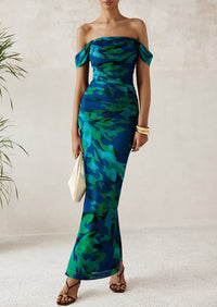 Ruched Bodycon Off Shoulder Floral Mesh Cocktail Party Fitted Maxi Dress
