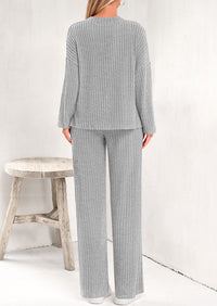 Knitted Long Sleeved V-Neck Pullover, Wide Leg Long Pants Two-Piece Set