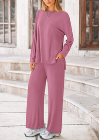 Long Sleeve High Low Tops T-Shirts Wide Leg Pants Two Piece Sets
