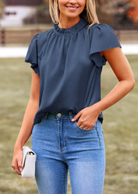 Satin Dressy Casual Ruffle Short Sleeve Crew Neck Work Party Blouses