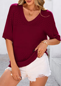 Short Sleeved Casual V-Neck Knitted Small Eye Shirt