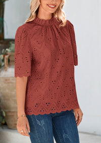 Short Sleeve Eyelet Embroidered Dressy Casual Blouse