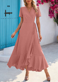 Leisure Bohemian Flower V-Neck Short Sleeved Ruffled Beach Long Skirt