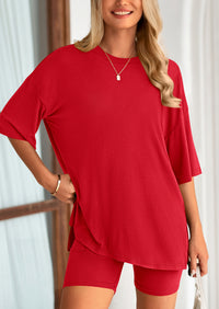 Casual Short Sleeved Round Neck Top Paired With Shorts Two-Piece Set