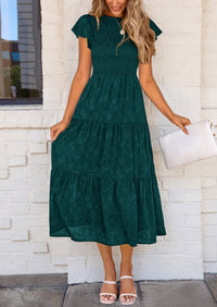 Floral  Summer Cap Sleeve Smocked Ruffle A Line Long Flowy Wedding Guest Midi Dresses