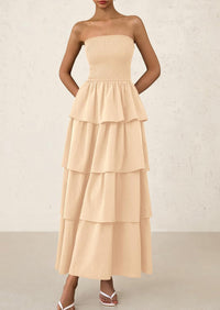 Off Shoulder Smocked Tiered Ruffle Long Flowy Casual Beach Maxi Dress