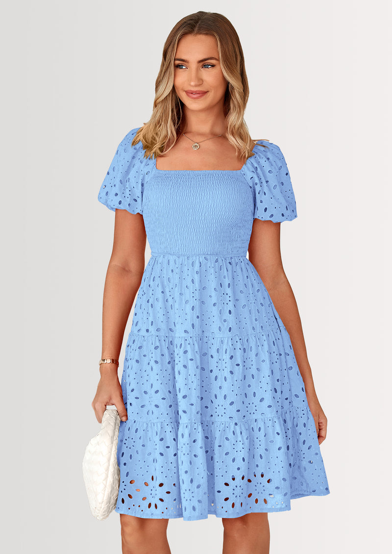 PRETTYGARDEN Womens Summer Puff Sleeve Mini Dress Off Shoulder Eyelet Smocked A Line Casual Babydoll Short Dresses