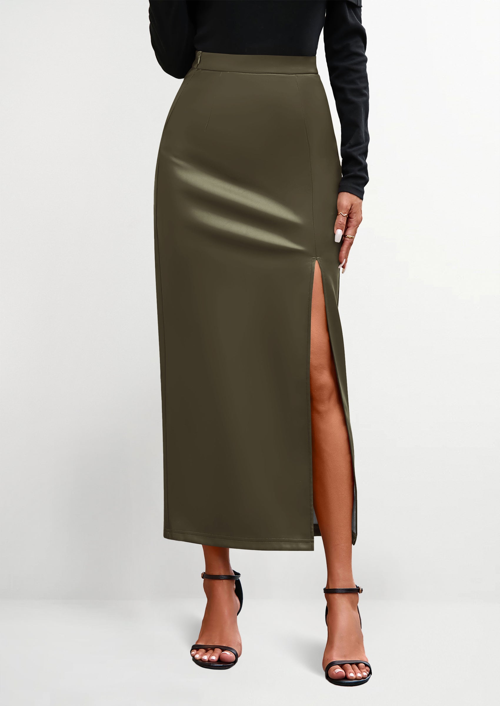 PRETTYGARDEN Womens Faux Leather Skirt Fall Bodycon High Waisted Slit Dressy Casual Winter Maxi Long Pencil Skirts