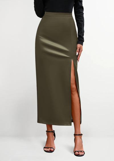 PRETTYGARDEN Womens Faux Leather Skirt Fall Bodycon High Waisted Slit Dressy Casual Winter Maxi Long Pencil Skirts