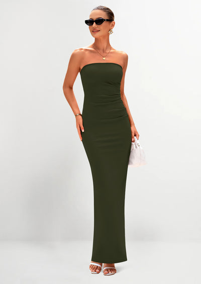 PRETTYGARDEN Women's Semi Formal Cocktail Dresses Strapless Tube Bodycon Ruched Evening Wedding Guest Maxi Dress