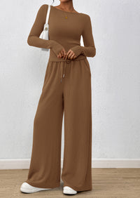 PRETTYGARDEN Women's 2 Piece Lounge Sets Fall Fashion Long Sleeve Crop Top Wide Leg Pants Matching Sets Clothing