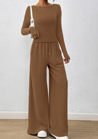 PRETTYGARDEN Women's 2 Piece Lounge Sets Fall Fashion Long Sleeve Crop Top Wide Leg Pants Matching Sets Clothing