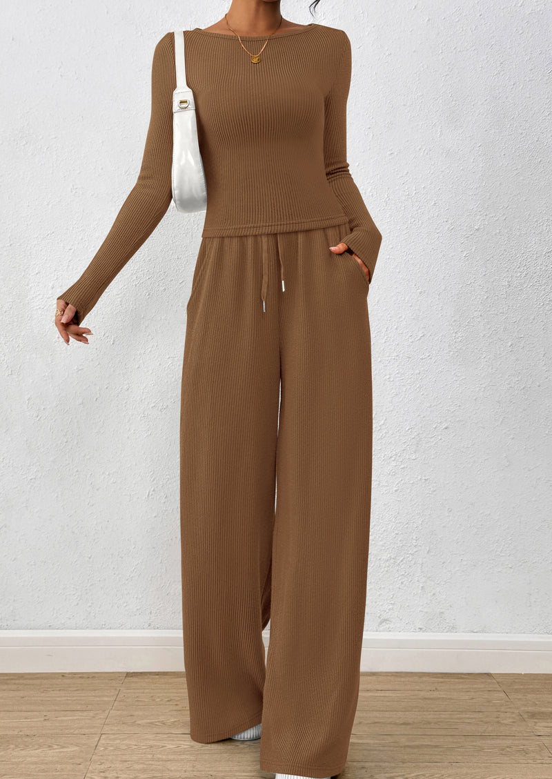 PRETTYGARDEN Women's 2 Piece Lounge Sets Fall Fashion Long Sleeve Crop Top Wide Leg Pants Matching Sets Clothing