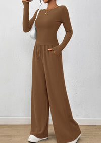 PRETTYGARDEN Women's 2 Piece Lounge Sets Fall Fashion Long Sleeve Crop Top Wide Leg Pants Matching Sets Clothing