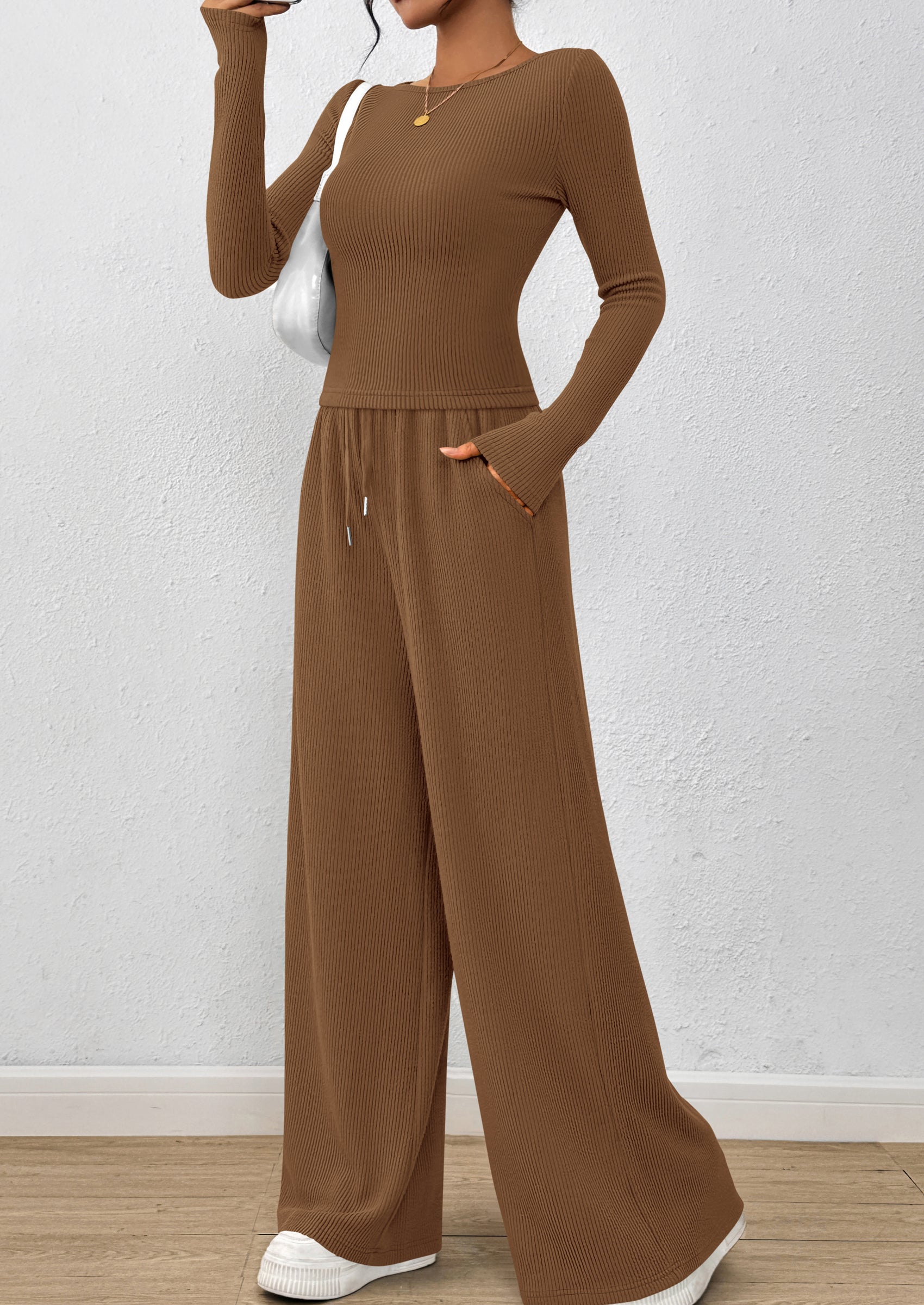 PRETTYGARDEN Women's 2 Piece Lounge Sets Fall Fashion Long Sleeve Crop Top Wide Leg Pants Matching Sets Clothing