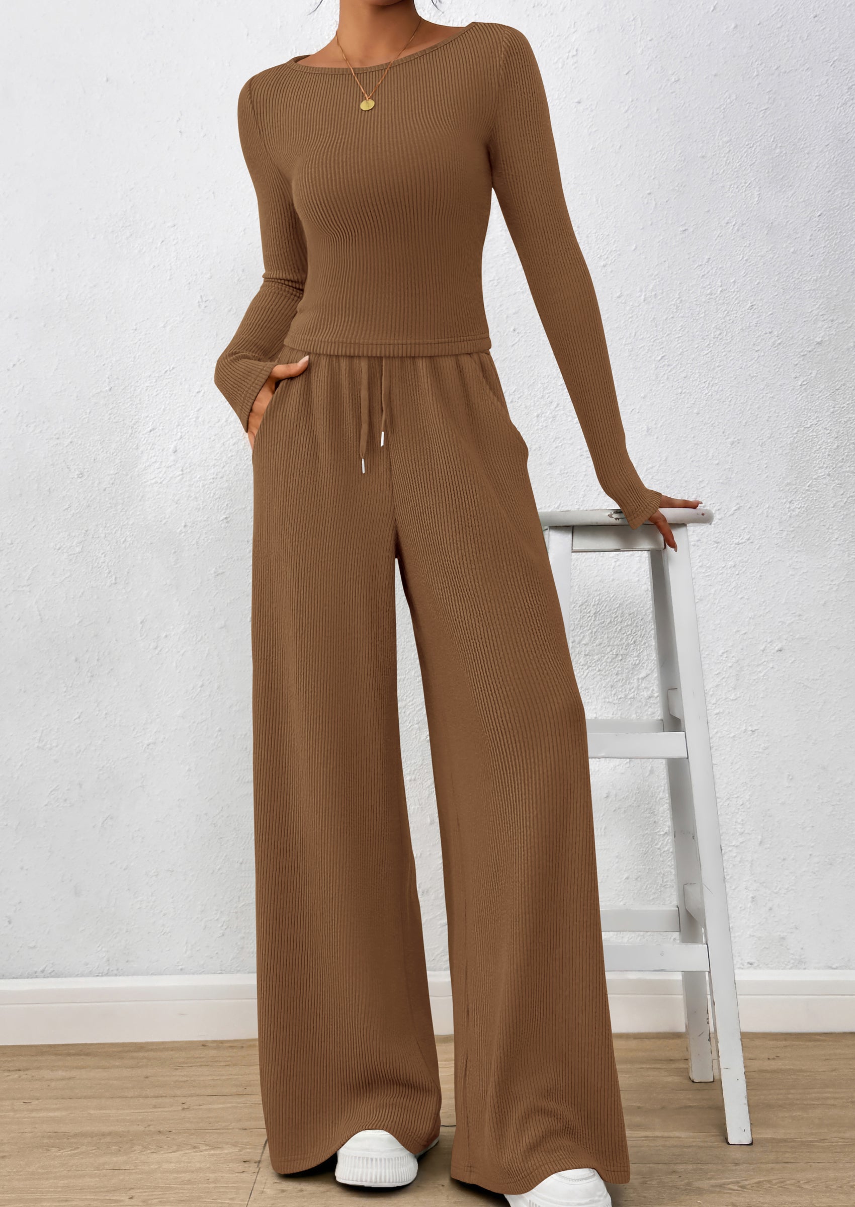 PRETTYGARDEN Women's 2 Piece Lounge Sets Fall Fashion Long Sleeve Crop Top Wide Leg Pants Matching Sets Clothing