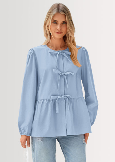PRETTYGARDEN Women's Spring Fall Babydoll Peplum Blouse Shirt Puff Long Sleeve Bow Tie Front Trendy Cute Y2K Going Out Tops