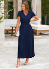 PRETTYGARDEN Women's Maxi Dresses Summer Trendy Cap Short Sleeve Button V Neck Casual Flowy Pleated Long Dress