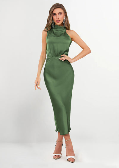 PRETTYGARDEN Women's Summer Satin Dress Elegant Sleeveless Mock Neck Cocktail Party Maxi Dresses
