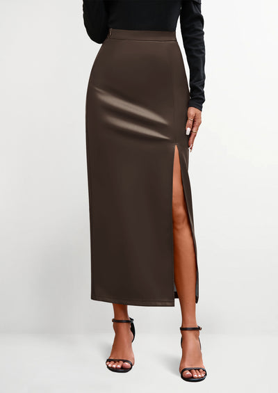 PRETTYGARDEN Womens Faux Leather Skirt Fall Bodycon High Waisted Slit Dressy Casual Winter Maxi Long Pencil Skirts