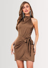 PRETTYGARDEN Women's Short Formal Satin Dress Summer Sleeveless Mock Neck Tie Waist Cocktail Party Dresses