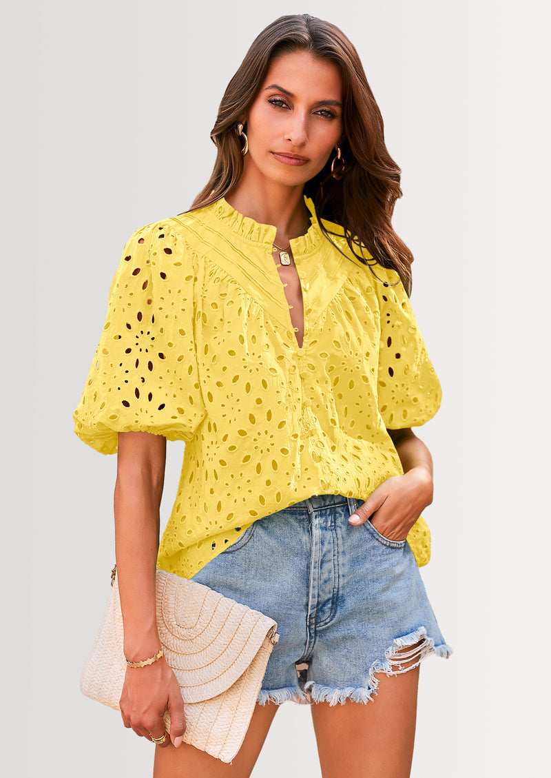 PRETTYGARDEN Women's Summer Short Sleeve Tops Dressy Casual Buttons V Neck Hollow Out Lace Embroidered Blouses Shirts