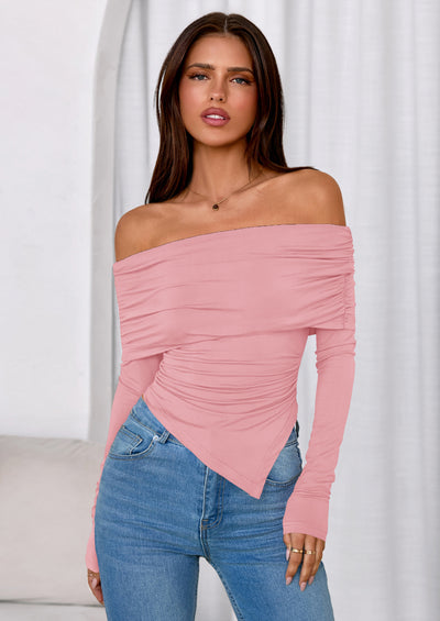 PRETTYGARDEN Women's Long Sleeve Shirts Off Shoulder Tops Going Out Slim Fitted Y2K Blouses Fall Fashion Clothes