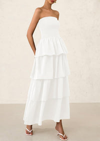 Off Shoulder Smocked Tiered Ruffle Long Flowy Casual Beach Maxi Dress