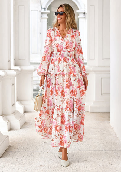 PRETTYGARDEN Long Sleeve Maxi Fall Dresses for Women Vneck Smocked Boho Floral Tiered Swing Flowy Wedding Guest Dress