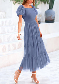 Smocked Tulle Puffy Short Sleeve Square Neck Ruffle Midi Dresses