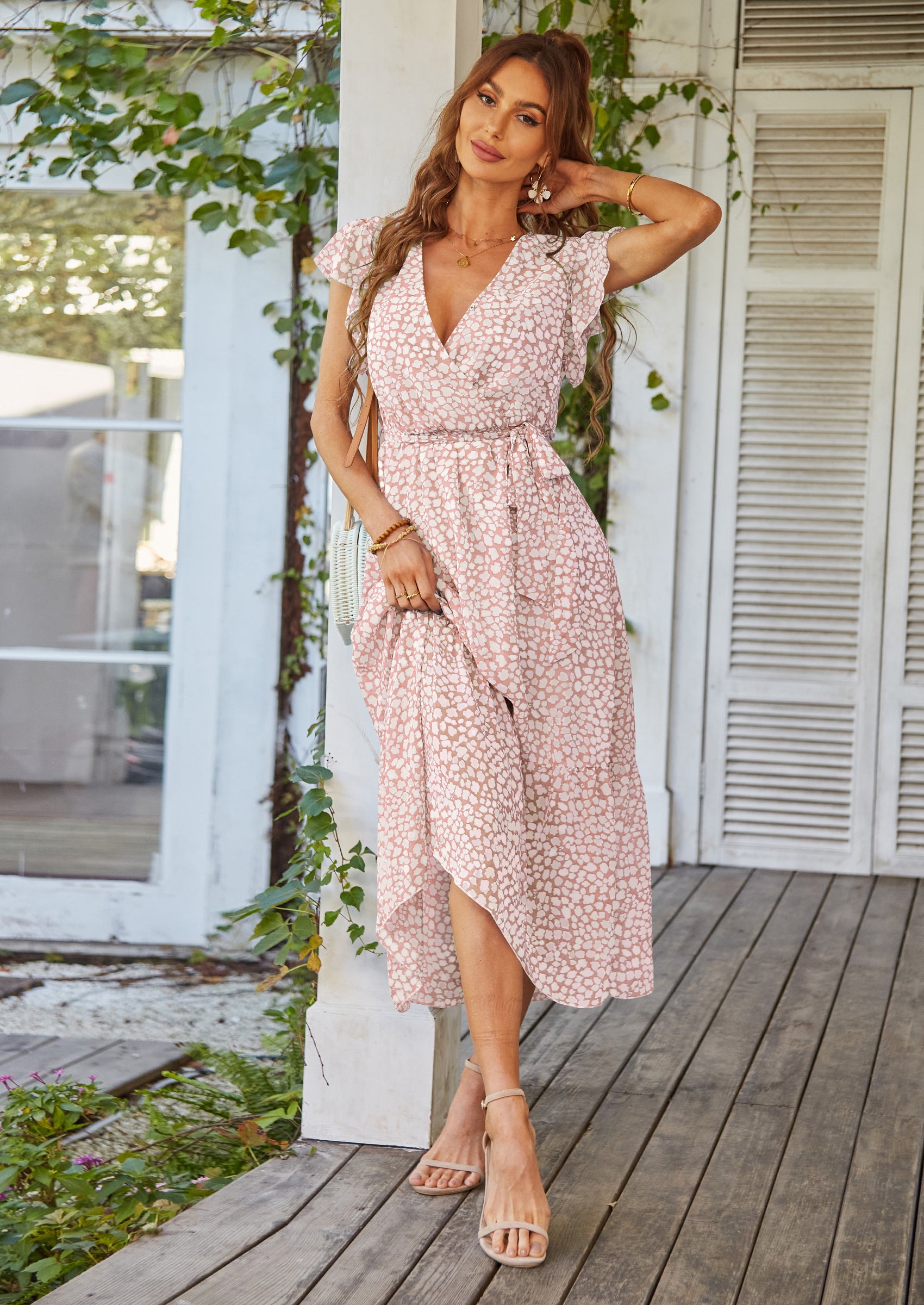 Floral Wrap V Neck Hem A-Line Bohemian Maxi Dress-PRETTY GARDEN