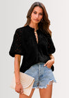 PRETTYGARDEN Women's Summer Short Sleeve Tops Dressy Casual Buttons V Neck Hollow Out Lace Embroidered Blouses Shirts