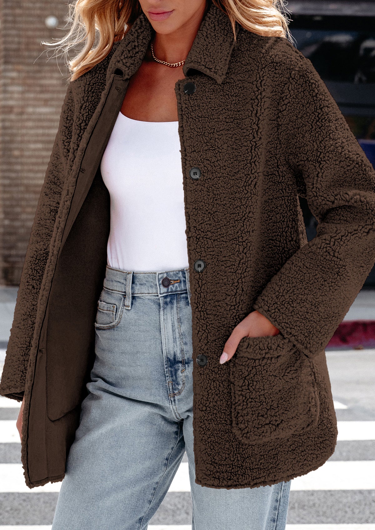 Long Sleeve Lapel Button Down Pockets Fleece Faux Fur Coats