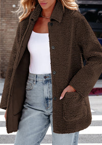 Long Sleeve Lapel Button Down Pockets Fleece Faux Fur Coats